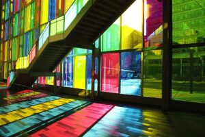 A building with colorful glass windows and stairs.