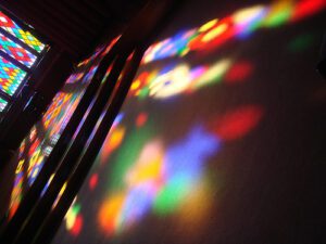 A stained glass window in a church.