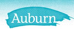 A blue logo with the word auburn on it.