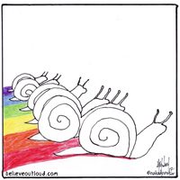 A cartoon of a group of snails on a rainbow.