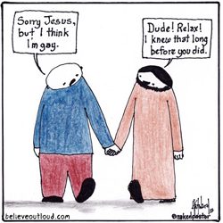 A cartoon of jesus and a woman holding hands.