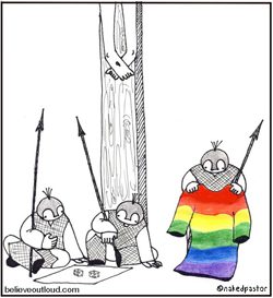 A cartoon of a man holding a sword and a rainbow scarf.