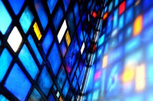 A stained glass window in a church.