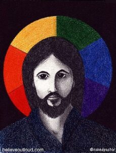 A drawing of jesus in a rainbow colored circle.