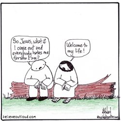 A cartoon of jesus sitting on a log.