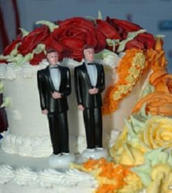 Two tuxedo figurines on a wedding cake.