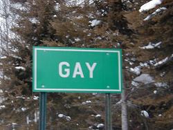 A green sign with the word gay on it.