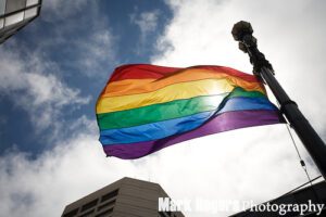 A rainbow flag on a pole.