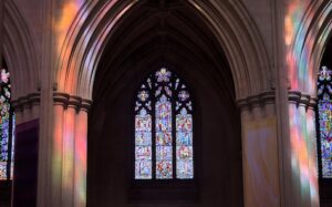 A cathedral with colorful stained glass windows.