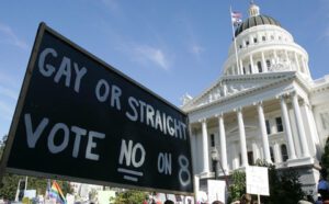 A sign that says gay or straight vote no 8 in front of the capitol building.