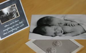 A photo of a baby and a photo of a baby on a table.