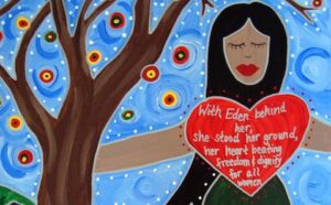 A painting of a woman holding a heart under a tree.