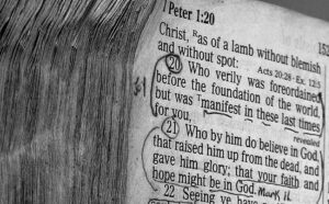 A black and white photo of a bible.