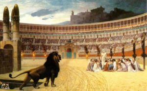 A painting of an arena with a lion in the middle.