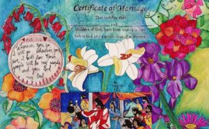 A watercolor painting of flowers and a certificate of motherhood.