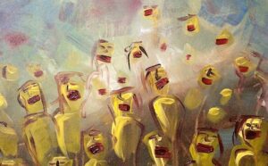 A painting of a group of yellow people.