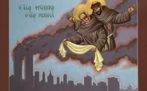 The cover of a cd with two monks flying over a city.