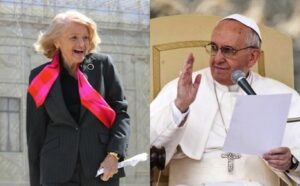 Two pictures of a woman in a suit and a pope.