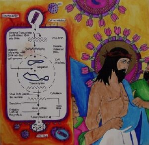 A drawing of jesus and a diagram of the coronavirus.