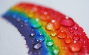 A rainbow with water droplets on it.