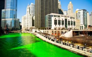 The chicago river is dyed green for st patrick's day.