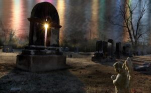 An image of a graveyard with a rainbow in the sky.