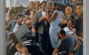 A painting of a group of people in a crowd.