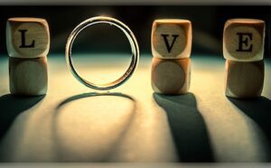 A wooden block with the word love surrounded by a wooden ring.