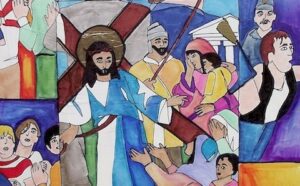 A watercolor painting of jesus carrying the cross.