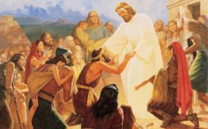 A painting of jesus reaching out to a group of people.