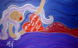 A painting of a mermaid with a heart in her hand.