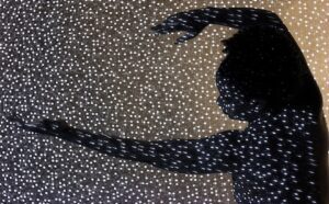 A silhouette of a woman dancing in front of a starry wall.