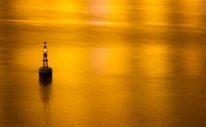 A light pole in the water at night.