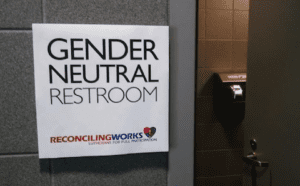 A sign that says gender neutral restroom.