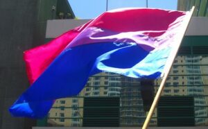 A blue and pink flag is flying in front of a building.