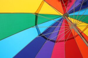 A close up of a colorful umbrella.