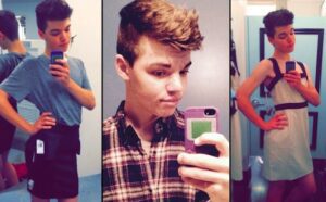 Three pictures of a man taking a selfie in a mirror.