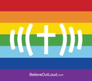 A rainbow flag with the word believeout and a cross.