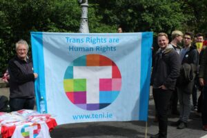 A group of people holding a banner that says trans rights are human rights.