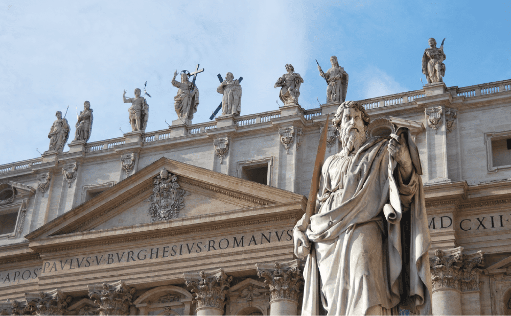 The statue of st peter in front of the vatican.