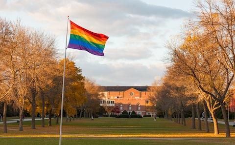 A rainbow flag flies in front of a building.