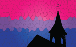 A church steeple is silhouetted against a blue and purple background.