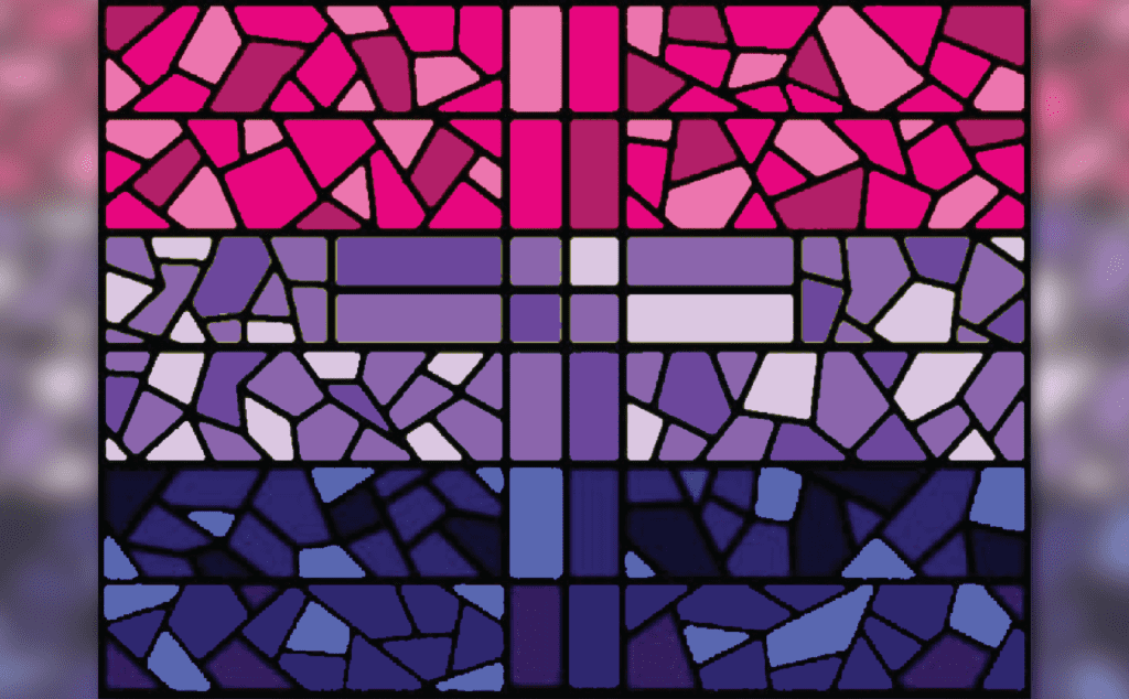 A pink, purple, and blue stained glass pattern.