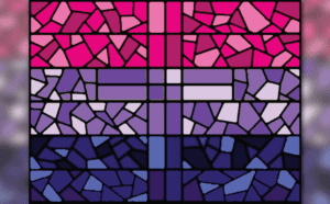 A pink, purple, and blue stained glass pattern.