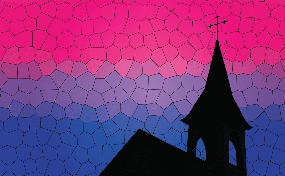 A church steeple is silhouetted against a blue and purple background.