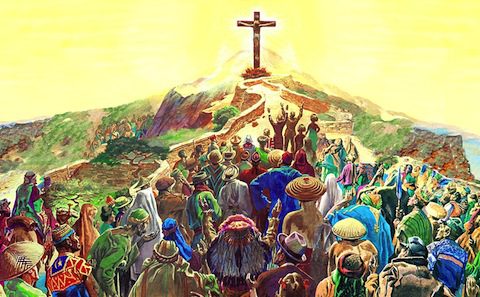 A painting of people gathered around a cross.