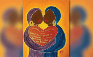 A painting of two women holding a heart.