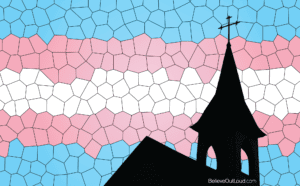 A stained glass church with a transgender flag on it.