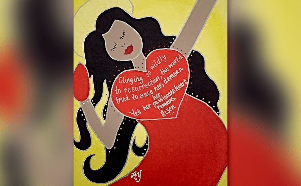 A painting of a woman holding a heart.