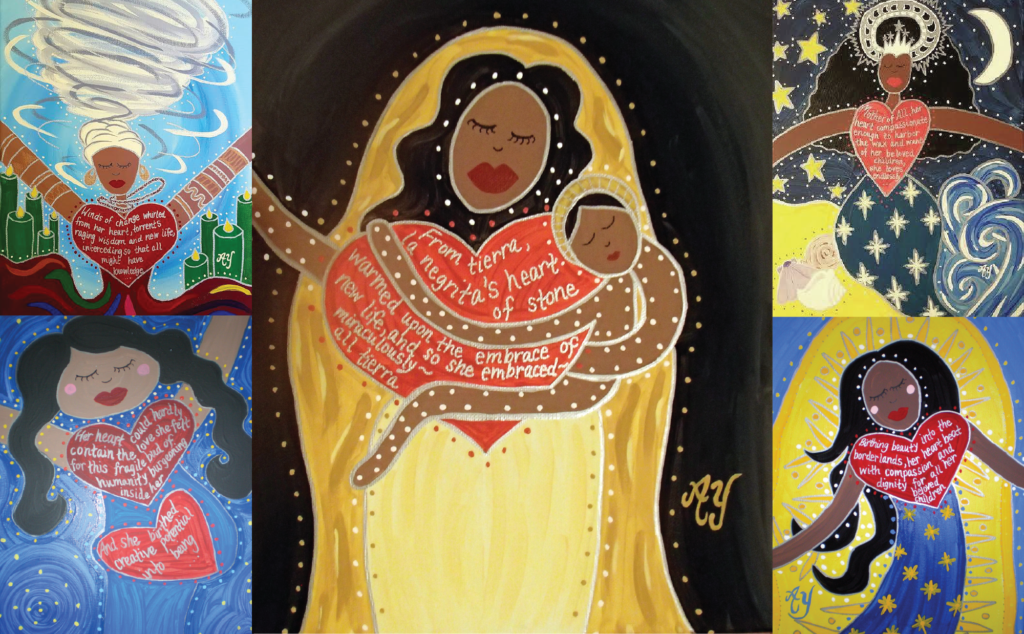 A collage of paintings of a woman holding a heart.